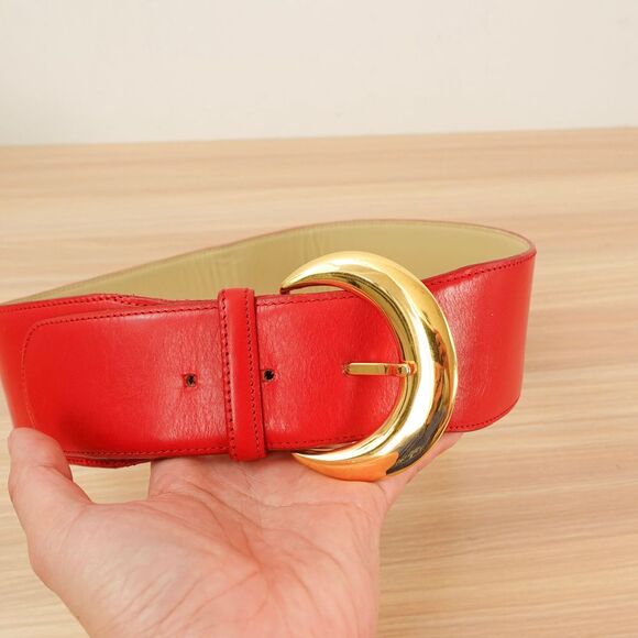 VALENTINO GARAVANI Belt Women 65 26 XS‎ Red Wide Leather Gold Buckle Chunky Wide main image 8